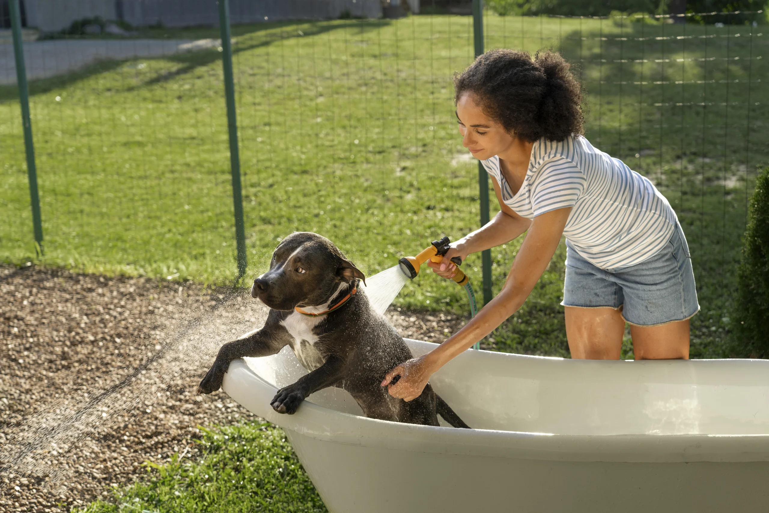 side-view-woman-washing-dog-bathtub